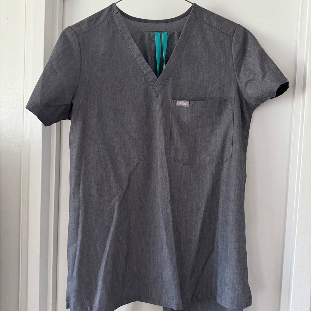 Figs Heather Gray Scrub Top with Teal Accent